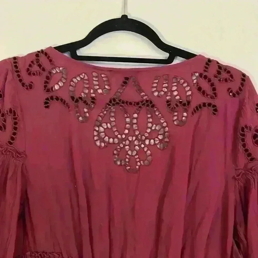 American Eagle Burgundy Bell Sleeve Tassel Dress Size Medium - Picture 8 of 11